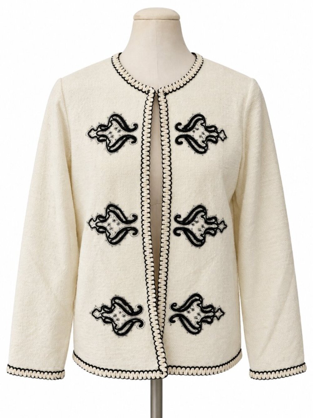 Leslie Fay Ivory Black Embroidered Braided Trim Cardigan Sweater Jacket Medium